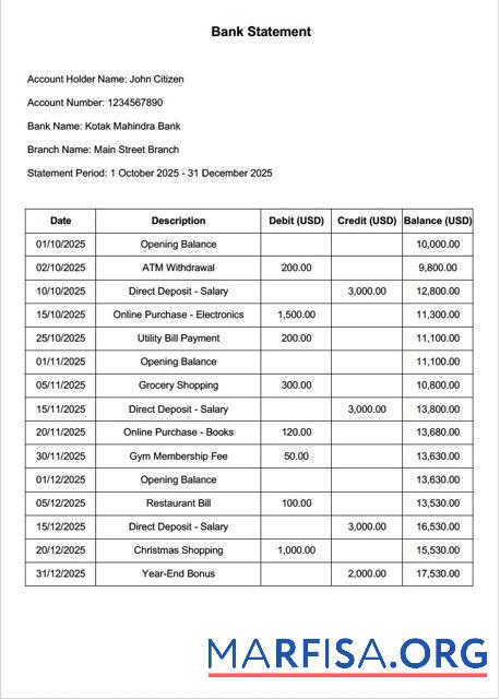 Downloadable India Kotak Mahindra bank statement word download for verification